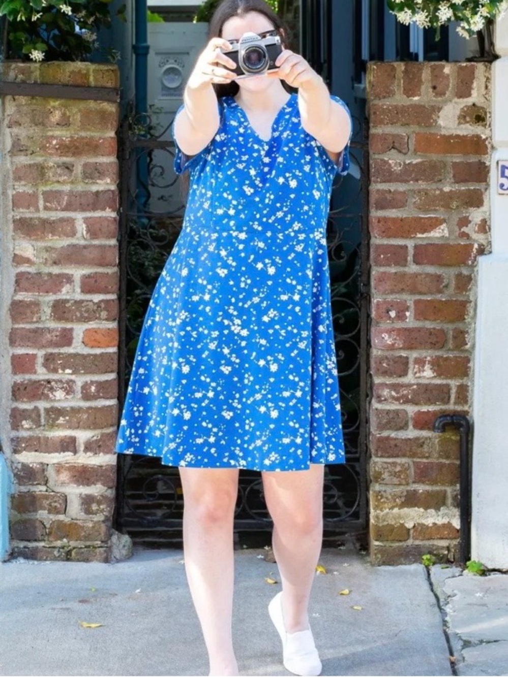 Draper James Blue Ponte  Floral V-Neck Swing Mini Love Circle Dress